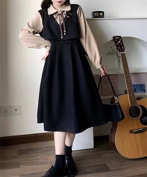 FREE STYLISTS（フリー スタイリスト）の「バイカラー 襟リボン セットアップ風フレアワンピース（ワンピース・レディース・ブラック/ボルドー/ブラウン・M/XL/S/L/2XL）」の20枚目の写真