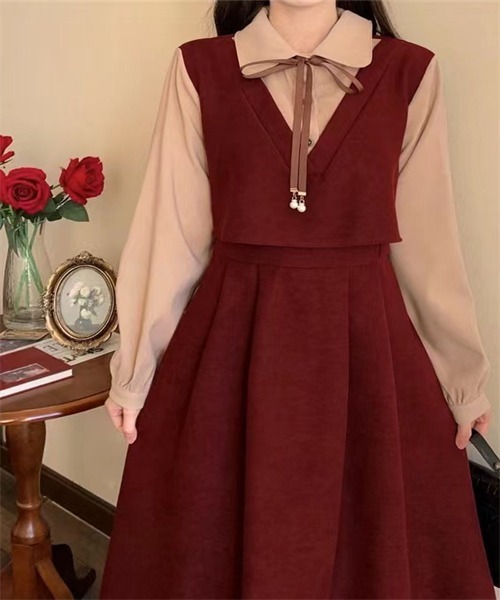 FREE STYLISTS（フリー スタイリスト）の「バイカラー 襟リボン セットアップ風フレアワンピース（ワンピース・レディース・ブラック/ボルドー/ブラウン・M/XL/S/L/2XL）」の10枚目の写真