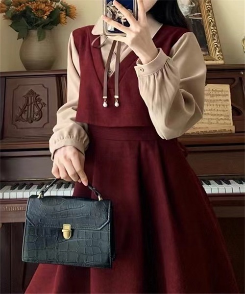 FREE STYLISTS（フリー スタイリスト）の「バイカラー 襟リボン セットアップ風フレアワンピース（ワンピース・レディース・ブラック/ボルドー/ブラウン・M/XL/S/L/2XL）」の18枚目の写真