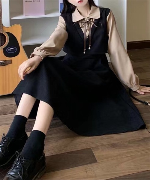 FREE STYLISTS（フリー スタイリスト）の「バイカラー 襟リボン セットアップ風フレアワンピース（ワンピース・レディース・ブラック/ボルドー/ブラウン・M/XL/S/L/2XL）」の8枚目の写真