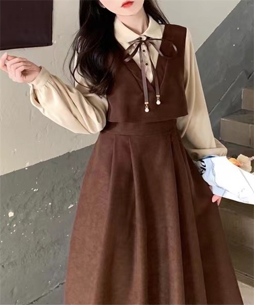 FREE STYLISTS（フリー スタイリスト）の「バイカラー 襟リボン セットアップ風フレアワンピース（ワンピース・レディース・ブラック/ボルドー/ブラウン・M/XL/S/L/2XL）」の17枚目の写真