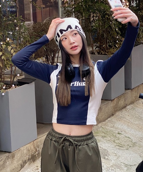 by muni:r(バイ ムニール)の「ストリートスポーティーレタリングTシャツ(Tシャツ/カットソー・レディース・ホワイト/グリーン/ネイビー・FREE)」の3枚目の写真