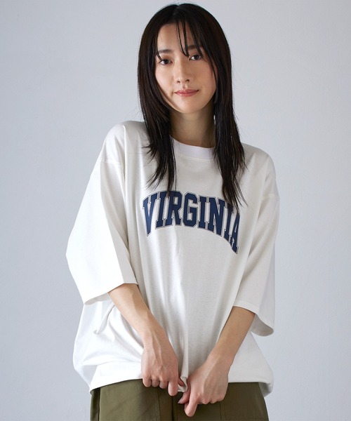 AUG（オーグ）の「AUG カレッジロゴ 変形 Tee（Tシャツ/カットソー・レディース・オフホワイト/ブラック/グレイッシュベージュ/グリーン系/ピンク系/イエロー系・FREE）」の16枚目の写真