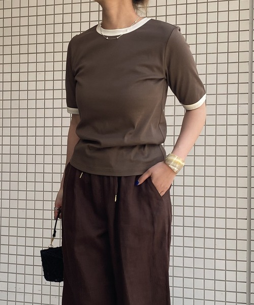 audrey and john wad（オードリーアンドジョンワッド）の「【Audrey and John Wad】オーガニックコットンリンガーTシャツ -手洗い可-（Tシャツ/カットソー・レディース・モカ/ホワイト/グレイッシュブルー/ブラック・FREE）」の8枚目の写真