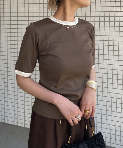 audrey and john wad（オードリーアンドジョンワッド）の「【Audrey and John Wad】オーガニックコットンリンガーTシャツ -手洗い可-（Tシャツ/カットソー・レディース・モカ/ホワイト/グレイッシュブルー/ブラック・FREE）」の9枚目の写真