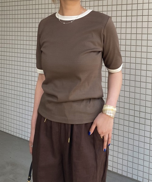 audrey and john wad（オードリーアンドジョンワッド）の「【Audrey and John Wad】オーガニックコットンリンガーTシャツ -手洗い可-（Tシャツ/カットソー・レディース・モカ/ホワイト/グレイッシュブルー/ブラック・FREE）」の10枚目の写真