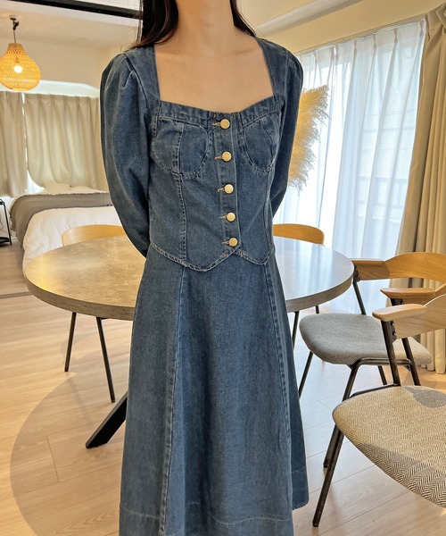 Jewelobe（ジュエローブ）の「ビスチェジャケット×フレアスカート デニムセットアップ（セットアップ・レディース・ネイビー・S/M）」の8枚目の写真
