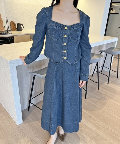 Jewelobe（ジュエローブ）の「ビスチェジャケット×フレアスカート デニムセットアップ（セットアップ・レディース・ネイビー・S/M）」の14枚目の写真