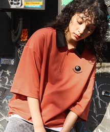 ルーズシルエット配色/ラグラン切替ワンポイント刺繍ハーフジップ半袖カットソー Tシャツ