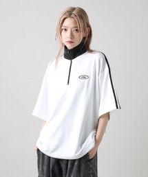 ルーズシルエット配色/ラグラン切替ワンポイント刺繍ハーフジップ半袖カットソー Tシャツ