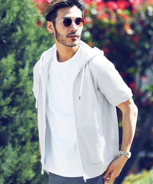 jiggys shop（ジギーズショップ）の「カットサッカー 半袖 ジップアップパーカー（パーカー・メンズ・ホワイト×グレー/ネイビー/ホワイト/ホワイト×ネイビー/ブラック・X-LARGE/LARGE/MEDIUM）」の3枚目の写真