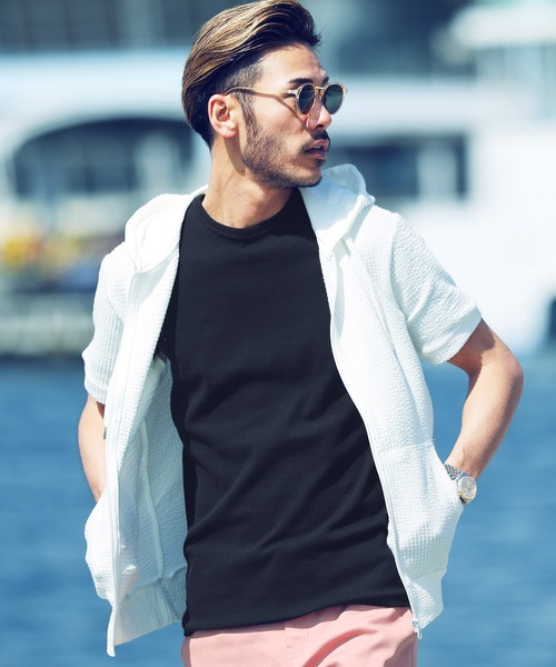 jiggys shop（ジギーズショップ）の「カットサッカー 半袖 ジップアップパーカー（パーカー・メンズ・ホワイト×グレー/ネイビー/ホワイト/ホワイト×ネイビー/ブラック・X-LARGE/LARGE/MEDIUM）」の2枚目の写真