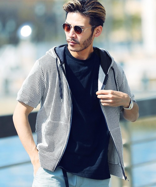 jiggys shop（ジギーズショップ）の「カットサッカー 半袖 ジップアップパーカー（パーカー・メンズ・ホワイト×グレー/ネイビー/ホワイト/ホワイト×ネイビー/ブラック・X-LARGE/LARGE/MEDIUM）」の4枚目の写真