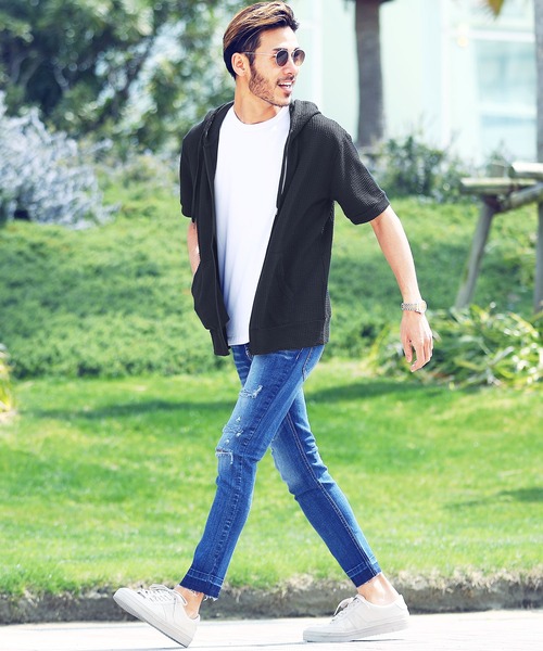 jiggys shop（ジギーズショップ）の「カットサッカー 半袖 ジップアップパーカー（パーカー・メンズ・ホワイト×グレー/ネイビー/ホワイト/ホワイト×ネイビー/ブラック・X-LARGE/LARGE/MEDIUM）」の20枚目の写真