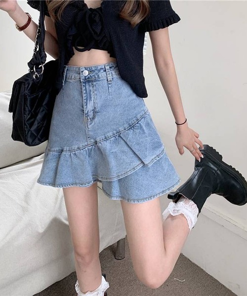 pumpkin port（パンプキンポート）の「デニムWフリル インパン付ミニスカート（デニムスカート・レディース・ブルー/ネイビー・SMALL/LARGE/MEDIUM）」の11枚目の写真