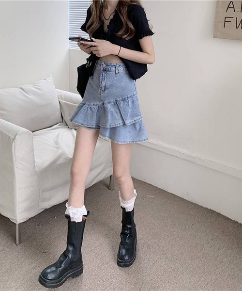 pumpkin port（パンプキンポート）の「デニムWフリル インパン付ミニスカート（デニムスカート・レディース・ブルー/ネイビー・SMALL/LARGE/MEDIUM）」の14枚目の写真