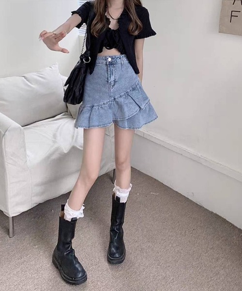 pumpkin port（パンプキンポート）の「デニムWフリル インパン付ミニスカート（デニムスカート・レディース・ブルー/ネイビー・SMALL/LARGE/MEDIUM）」の21枚目の写真