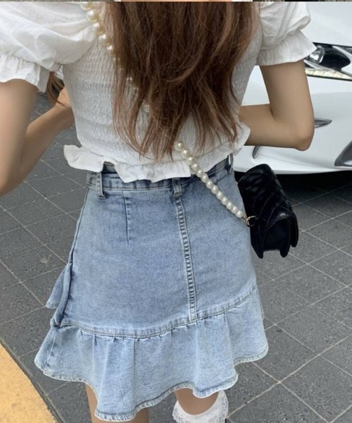 pumpkin port（パンプキンポート）の「デニムWフリル インパン付ミニスカート（デニムスカート・レディース・ブルー/ネイビー・SMALL/LARGE/MEDIUM）」の12枚目の写真