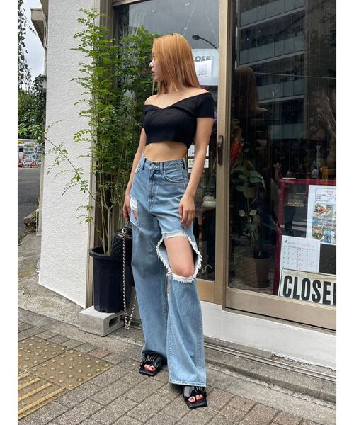 EVRIS（エヴリス）の「スクエアダメージワイドデニムパンツ（デニムパンツ・レディース・インディゴブルー/ライトブルー・MEDIUM/SMALL）」の8枚目の写真