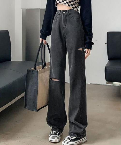 CANVAS+（キャンバスプラス）の「【CANVAS+】アシメダメージデニムパンツ（デニムパンツ・レディース・ブラック/ブルー/サックスブルー/グレー・M/L/S）」の2枚目の写真