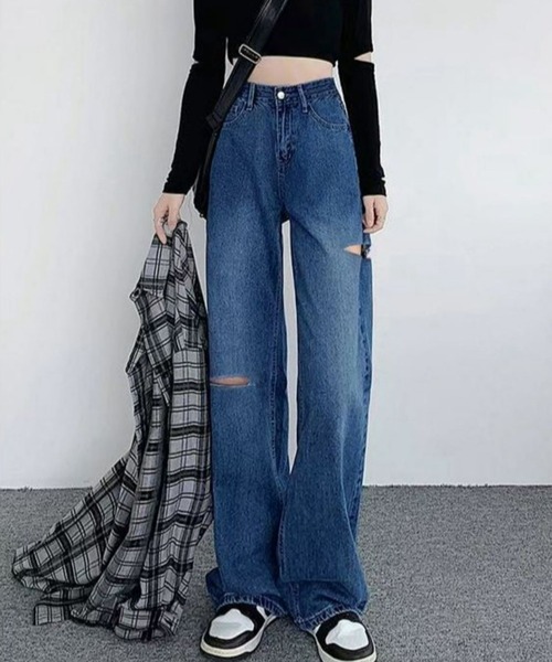 CANVAS+（キャンバスプラス）の「【CANVAS+】アシメダメージデニムパンツ（デニムパンツ・レディース・ブラック/ブルー/サックスブルー/グレー・M/L/S）」の4枚目の写真
