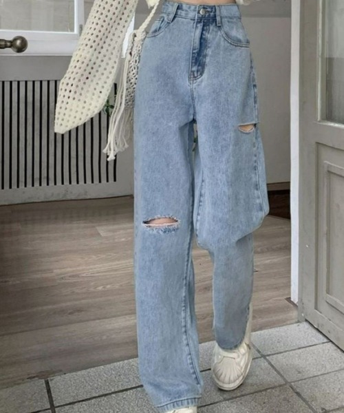 CANVAS+（キャンバスプラス）の「【CANVAS+】アシメダメージデニムパンツ（デニムパンツ・レディース・ブラック/ブルー/サックスブルー/グレー・M/L/S）」の5枚目の写真