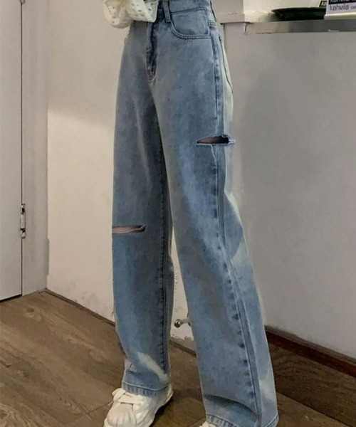 CANVAS+（キャンバスプラス）の「【CANVAS+】アシメダメージデニムパンツ（デニムパンツ・レディース・ブラック/ブルー/サックスブルー/グレー・M/L/S）」の6枚目の写真