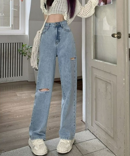 CANVAS+（キャンバスプラス）の「【CANVAS+】アシメダメージデニムパンツ（デニムパンツ・レディース・ブラック/ブルー/サックスブルー/グレー・M/L/S）」の9枚目の写真