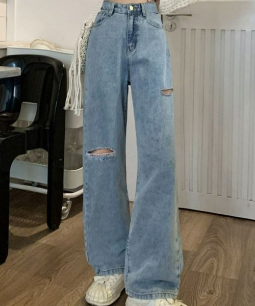 CANVAS+（キャンバスプラス）の「【CANVAS+】アシメダメージデニムパンツ（デニムパンツ・レディース・ブラック/ブルー/サックスブルー/グレー・M/L/S）」の10枚目の写真