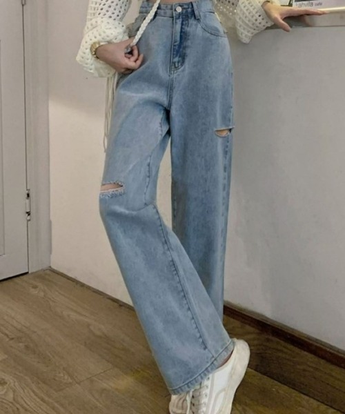 CANVAS+（キャンバスプラス）の「【CANVAS+】アシメダメージデニムパンツ（デニムパンツ・レディース・ブラック/ブルー/サックスブルー/グレー・M/L/S）」の11枚目の写真