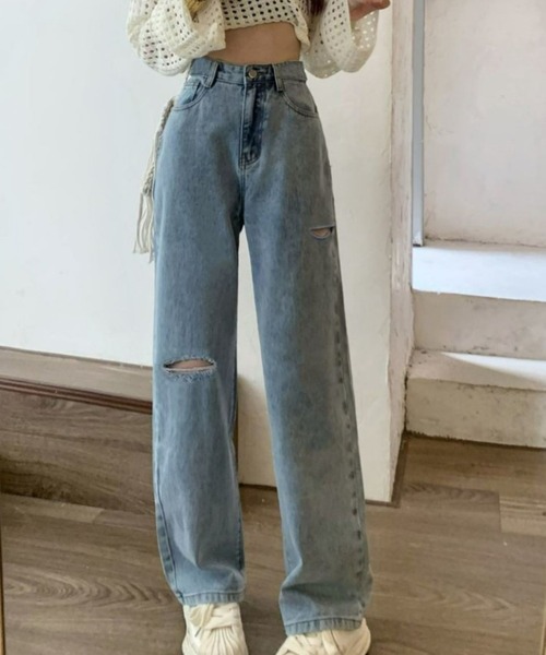 CANVAS+（キャンバスプラス）の「【CANVAS+】アシメダメージデニムパンツ（デニムパンツ・レディース・ブラック/ブルー/サックスブルー/グレー・M/L/S）」の12枚目の写真