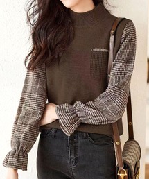 チェック袖切り替えニット