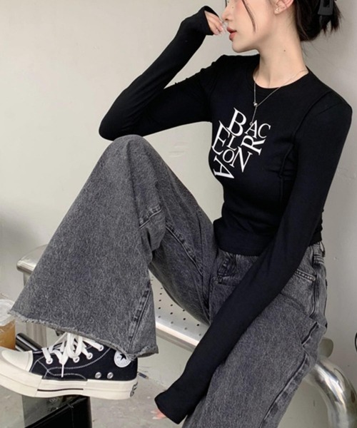 MAISON DE THERESE(メゾン ド テレーズ)の「長袖トップス/Tシャツ BACロゴレタリングスリムライン(Tシャツ/カットソー・レディース・ホワイト/ブラック・M/S/L/XL)」の3枚目の写真