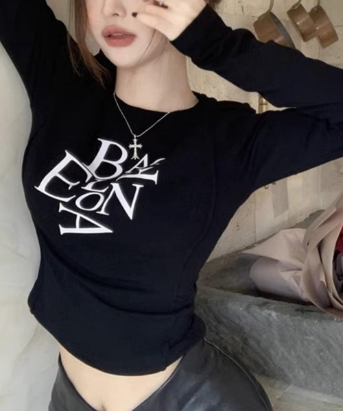MAISON DE THERESE(メゾン ド テレーズ)の「長袖トップス/Tシャツ BACロゴレタリングスリムライン(Tシャツ/カットソー・レディース・ホワイト/ブラック・M/S/L/XL)」の7枚目の写真