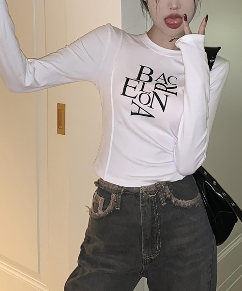 MAISON DE THERESE(メゾン ド テレーズ)の「長袖トップス/Tシャツ BACロゴレタリングスリムライン(Tシャツ/カットソー・レディース・ホワイト/ブラック・M/S/L/XL)」の10枚目の写真