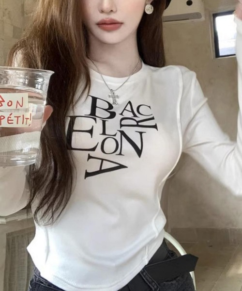 MAISON DE THERESE(メゾン ド テレーズ)の「長袖トップス/Tシャツ BACロゴレタリングスリムライン(Tシャツ/カットソー・レディース・ホワイト/ブラック・M/S/L/XL)」の11枚目の写真