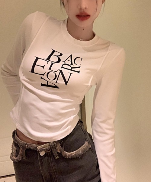 MAISON DE THERESE(メゾン ド テレーズ)の「長袖トップス/Tシャツ BACロゴレタリングスリムライン(Tシャツ/カットソー・レディース・ホワイト/ブラック・M/S/L/XL)」の12枚目の写真
