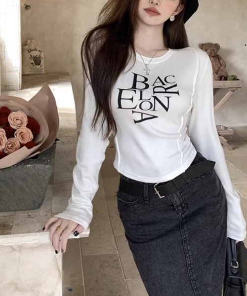 MAISON DE THERESE(メゾン ド テレーズ)の「長袖トップス/Tシャツ BACロゴレタリングスリムライン(Tシャツ/カットソー・レディース・ホワイト/ブラック・M/S/L/XL)」の13枚目の写真