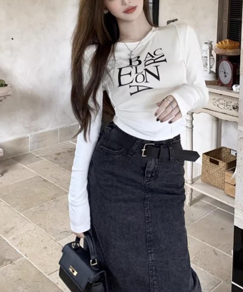 MAISON DE THERESE(メゾン ド テレーズ)の「長袖トップス/Tシャツ BACロゴレタリングスリムライン(Tシャツ/カットソー・レディース・ホワイト/ブラック・M/S/L/XL)」の14枚目の写真