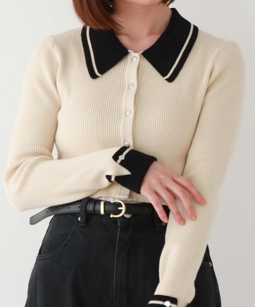 archives（アルシーヴ）の「ラインカラークラシカルリブニット（ニット/セーター・レディース・アイボリー/ブルーグレー/ブラック・MEDIUM）」の2枚目の写真
