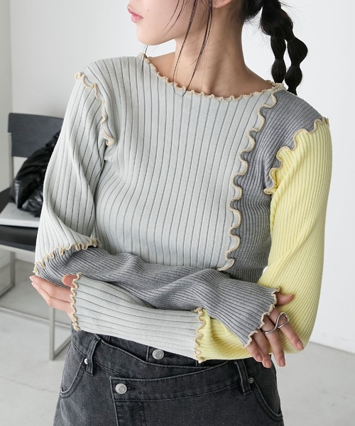 forksy.(フォルクシー)の「【forksy.】パッチワークメローニットプルオーバー(ニット/セーター・レディース・グレー/ブラック/アイボリー・FREE)」の3枚目の写真