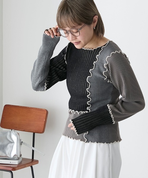 forksy.(フォルクシー)の「【forksy.】パッチワークメローニットプルオーバー(ニット/セーター・レディース・グレー/ブラック/アイボリー・FREE)」の2枚目の写真
