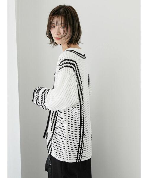 Samansa Mos2 blue（サマンサモスモスブルー）の「◎クロシェ風メッシュニットカーディガン（カーディガン/ボレロ・レディース・ブラック/オフホワイト/グレー・F）」の8枚目の写真
