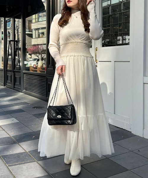 INGNI（イング）の「肩リボンカシュクールチュールキャミワンピース（ワンピース・レディース・オフホワイト/ブラック/グレー・M）」の14枚目の写真