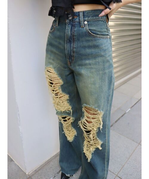 EVRIS（エヴリス）の「ハイダメージセミワイドデニムパンツ（デニムパンツ・レディース・インディゴブルー/ライトブルー・MEDIUM/SMALL）」の4枚目の写真