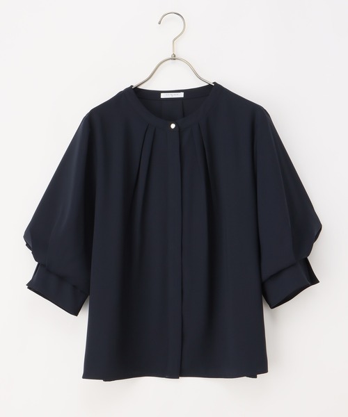 Honeys（ハニーズ）の「６分袖バンドカラーブラウス（シャツ/ブラウス・レディース・ネイビー/ブルー系その他/ライム/アイボリー/グレイッシュベージュ・S/M/L/LL/3L）」の22枚目の写真