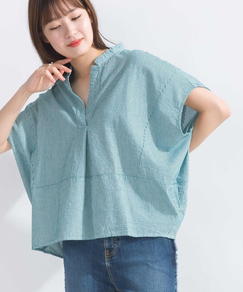 PICCIN（ピッチン）の「【WEB限定】ストライプシアサッカースキッパーブラウス（シャツ/ブラウス・レディース・イエロー系その他/ブルー系その他/グリーン系その他・M）」の2枚目の写真