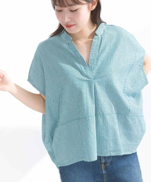 PICCIN（ピッチン）の「【WEB限定】ストライプシアサッカースキッパーブラウス（シャツ/ブラウス・レディース・イエロー系その他/ブルー系その他/グリーン系その他・M）」の8枚目の写真