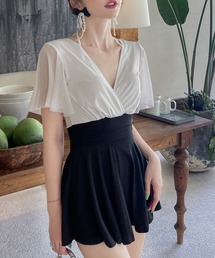 TeddyShop（テディショップ）の「レディース水着 バイカラーフレアスリーブカシュクールワンピ風オールインワンスイムウェア（水着）」