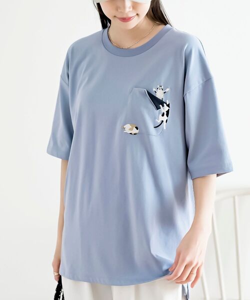 rps(アールピーエス)の「ポケットキャットワッフル切替T(Tシャツ/カットソー・レディース・チャコールグレー/ホワイト系その他2/オフホワイト/サックスブルー/ブルー・フリー)」の1枚目の写真